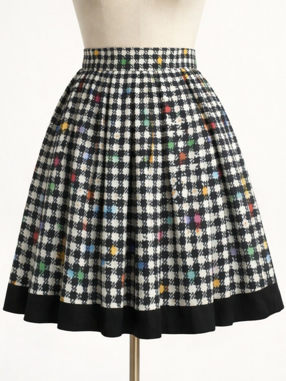 Vintage 80's Pleated Skirt • Black White Houndstooth • Colorful Accents • LARGE